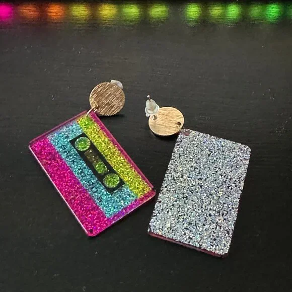 NEW Retro Glitter Cassette Tape Dangle Earrings - Picture 2 of 5